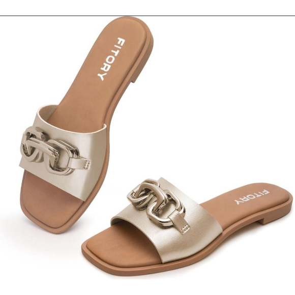FITORY Gold Tan Flat Slide Sandals - Picture 1 of 5